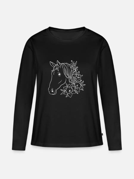 Pferd mit Blumen - Frauen Premium Bio Langarmshirt - Schwarz