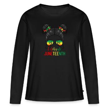Célébrez Juneteenth Messy Bun Black Juneteenth - T-shirt manches longues Premium bio Femme - noir - Devant - Julia (174cm)