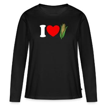 J’adore le maïs. Cœur rouge. Drôle d’amateur de maïs - T-shirt manches longues Premium bio Femme - noir - Devant - Julia (174cm)
