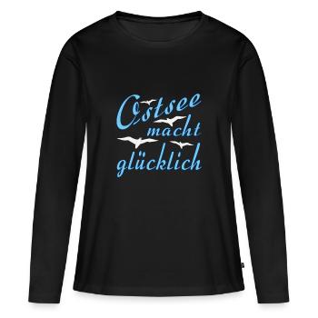 Moeven Ostsee macht gluecklich - Frauen Premium Bio Langarmshirt - Schwarz - Vorne - Julia (174cm)