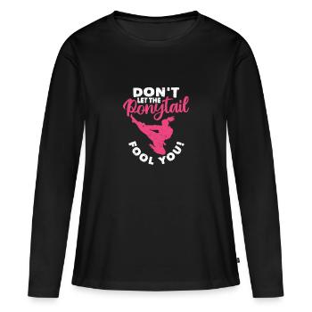 Ne vous laissez pas berner par la queue de cheval Funny - T-shirt manches longues Premium bio Femme - noir - Devant - Julia (174cm)