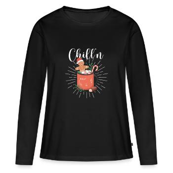 Chill’n Gingerbread Man Cookie Chocolat Noël - T-shirt manches longues Premium bio Femme - noir - Devant - Julia (174cm)