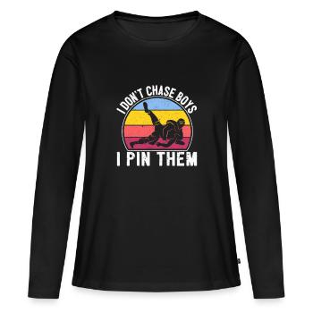 Je ne chasse pas les garçons je les épingle Drôle de catcheuse - T-shirt manches longues Premium bio Femme - noir - Devant - Julia (174cm)