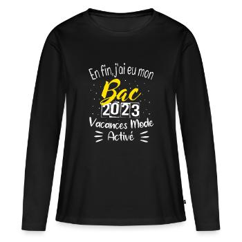 Cadeau bachelier BAC 2023 Bachelière 2023 Vacances - T-shirt manches longues Premium bio Femme - noir - Devant - Julia (174cm)
