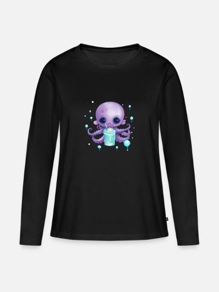 Cute Octo mit Sommer Drink - Frauen Premium Bio Langarmshirt - Schwarz