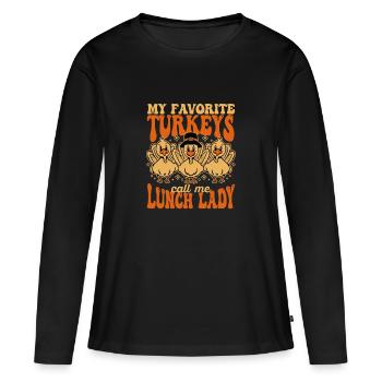 Mes dindes préférées m’appellent le déjeuner - T-shirt manches longues Premium bio Femme - noir - Devant - Julia (174cm)