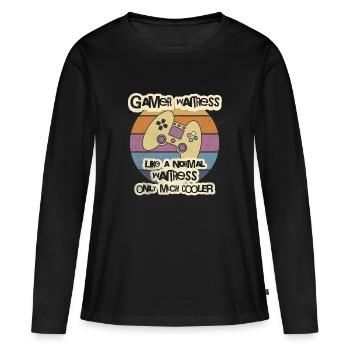 T-shirt de serveuse gamer, T-shirt de serveur, barman - T-shirt manches longues Premium bio Femme - noir - Devant - Julia (174cm)