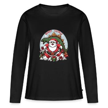 Gros chat comme Père Noël et dinosaure détruisant des cadeaux, - T-shirt manches longues Premium bio Femme - noir - Devant - Julia (174cm)