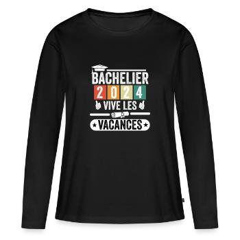 Cadeau Bachelier Bac 2024 vive les vacances - T-shirt manches longues Premium bio Femme - noir - Devant - Julia (174cm)