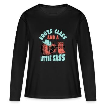 Des bottes, de la classe et un peu d’audace dans le pays de l’Ouest Mu - T-shirt manches longues Premium bio Femme - noir - Devant - Julia (174cm)