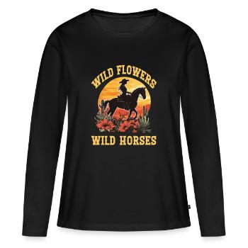 Fleurs sauvages Chevaux sauvages Équitation - T-shirt manches longues Premium bio Femme - noir - Devant - Julia (174cm)
