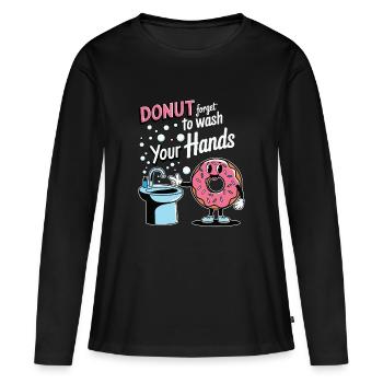Donut : N’oubliez pas de vous laver les mains - T-shirt manches longues Premium bio Femme - noir - Devant - Julia (174cm)