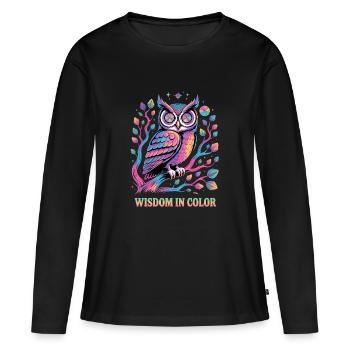 Lebendige Eulenweisheit in der Farbgestaltung - Frauen Premium Bio Langarmshirt - Schwarz - Vorne - Julia (174cm)