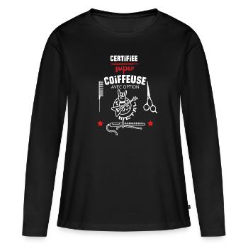 t- shirt coiffeuse certifiée option musique - T-shirt manches longues Premium bio Femme - noir - Devant - Julia (174cm)