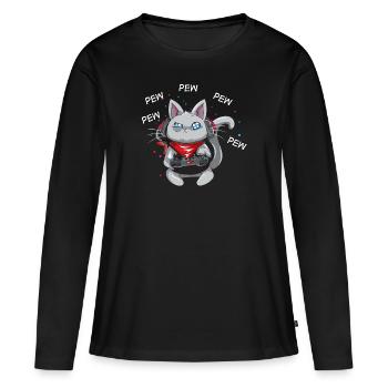 Chat geek cadeau fan jeu vidéo et chat - T-shirt manches longues Premium bio Femme - noir - Devant - Julia (174cm)