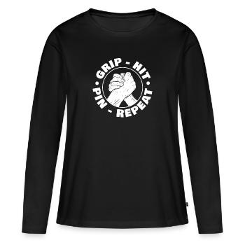 Pin Grip Hit Repeat pour Fan de Bras de Fer - T-shirt manches longues Premium bio Femme - noir - Devant - Julia (174cm)