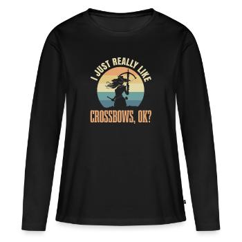 J’aime beaucoup les arbalètes, d’accord? Pour - T-shirt manches longues Premium bio Femme - noir - Devant - Julia (174cm)