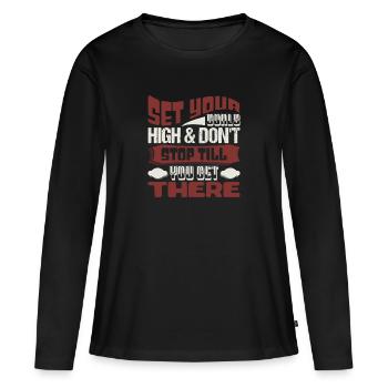 RÉGLEZ VOTRE HAUT ET NE VOUS ARRÊTEZ PAS JUSQU’À LÀ - T-shirt manches longues Premium bio Femme - noir - Devant - Julia (174cm)
