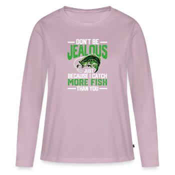 Ne sois pas jaloux juste parce que j’ai un drôle - T-shirt manches longues Premium bio Femme - rose poudré - Devant - Julia (174cm)