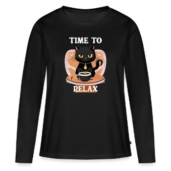 Entspannte Katze mit Teetasse - Frauen Premium Bio Langarmshirt - Schwarz - Vorne - Julia (174cm)