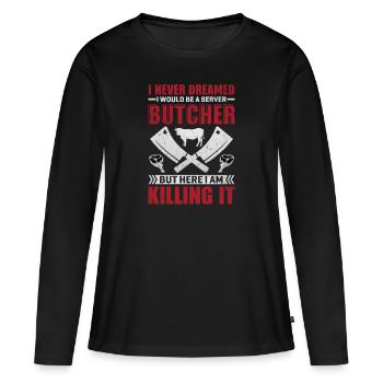 Boucherie, maître boucher, boucherie, boucherie - T-shirt manches longues Premium bio Femme - noir - Devant - Julia (174cm)