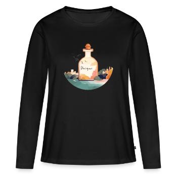 Flacon de parfum « Unique » dans un paysage magnifique - T-shirt manches longues Premium bio Femme - noir - Devant - Julia (174cm)