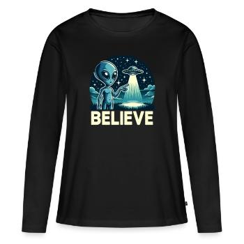 Drôle Alien Alien Croire - T-shirt manches longues Premium bio Femme - noir - Devant - Julia (174cm)