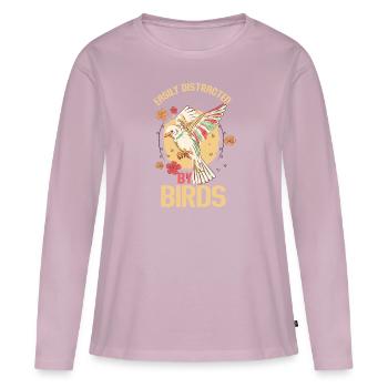 Facilement distrait par les oiseaux Amateur d’oiseaux - T-shirt manches longues Premium bio Femme - rose poudré - Devant - Julia (174cm)