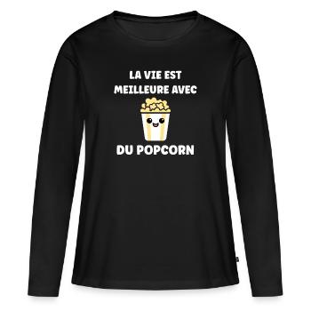 Humour pot de popcorn - T-shirt manches longues Premium bio Femme - noir - Devant - Julia (174cm)