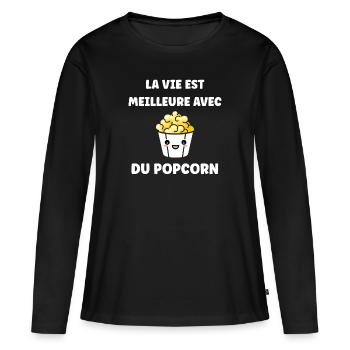 Humour pot de popcorn - T-shirt manches longues Premium bio Femme - noir - Devant - Julia (174cm)