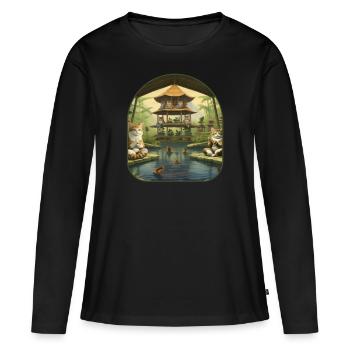 Zen Garden Yoga Cats Stretching on Mushroom Mats - Women's Premium Organic Long Sleeve Shirt - black - Front - Julia (174cm)