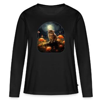 Chat de champignons au clair de lune baigné dans la lueur lunaire dans un - T-shirt manches longues Premium bio Femme - noir - Devant - Julia (174cm)