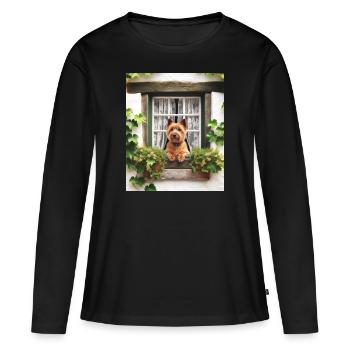 Norwich Terrier Cottagecore Chien Cottage Fenêtre - T-shirt manches longues Premium bio Femme - noir - Devant - Julia (174cm)