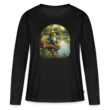 Cottagecore grenouille étang de pêche saules - T-shirt manches longues Premium bio Femme - noir - Devant - Julia (174cm)