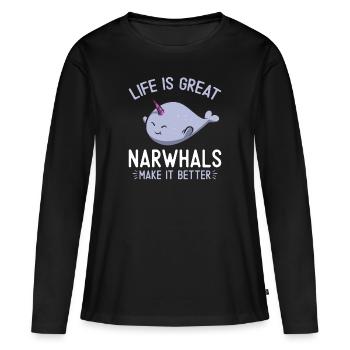 Narwal Einhornwal - Frauen Premium Bio Langarmshirt - Schwarz - Vorne - Julia (174cm)
