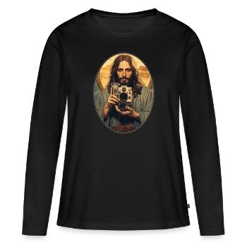 Jésus se blottit Vintage appareil photo T Shirt, Christian - T-shirt manches longues Premium bio Femme - noir - Devant - Julia (174cm)