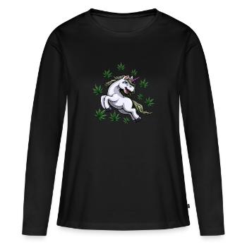 Licorne sous la pluie de feuilles de chanvre - T-shirt manches longues Premium bio Femme - noir - Devant - Julia (174cm)