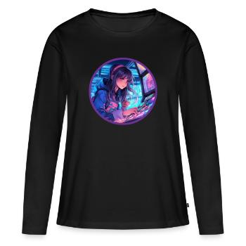 Arcade Anime Mädchen Vaporwave Neon Glow Retro - Frauen Premium Bio Langarmshirt - Schwarz - Vorne - Julia (174cm)