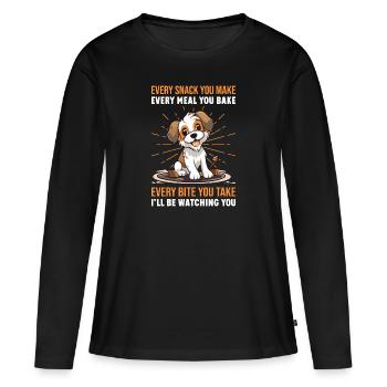 Chiens - Chaque collation que vous préparez, je vous surveillerai ! - T-shirt manches longues Premium bio Femme - noir - Devant - Julia (174cm)