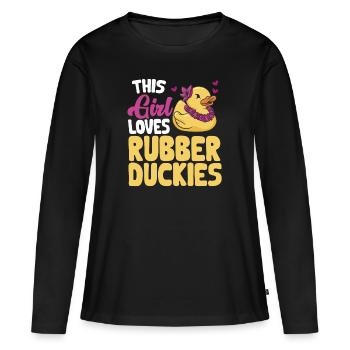Canard en caoutchouc Canard en caoutchouc - T-shirt manches longues Premium bio Femme - noir - Devant - Julia (174cm)