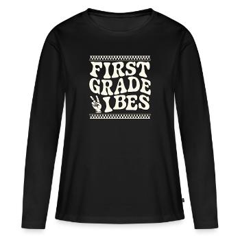 First Grade Vibes Checkerboard Design - Frauen Premium Bio Langarmshirt - Schwarz - Vorne - Julia (174cm)