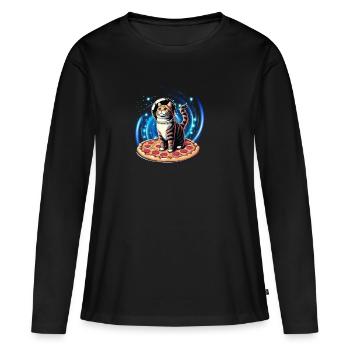 Space Cat Pizza Funny Kitten - Women's Premium Organic Long Sleeve Shirt - black - Front - Julia (174cm)
