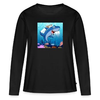 Un chat mord un requin - T-shirt manches longues Premium bio Femme - noir - Devant - Julia (174cm)