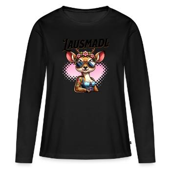 Tracht Damen Outfit Dirndl Ersatz Lausmadl - Frauen Premium Bio Langarmshirt - Schwarz - Vorne - Julia (174cm)