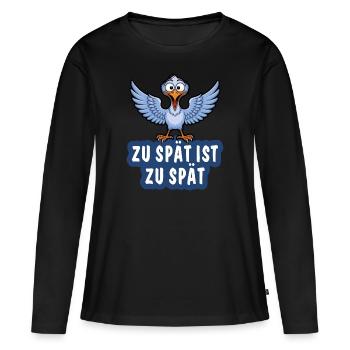TROP TARD, C’EST TROP TARD - T-shirt manches longues Premium bio Femme - noir - Devant - Julia (174cm)