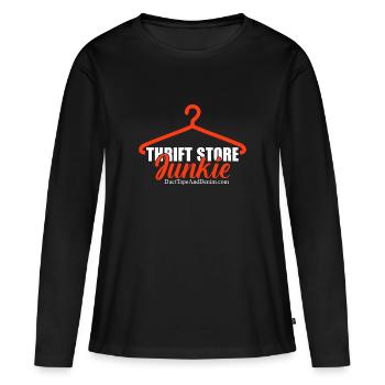 Gebrauchtwaren Junkie Second Hand Einkaufen - Frauen Premium Bio Langarmshirt - Schwarz - Vorne - Julia (174cm)