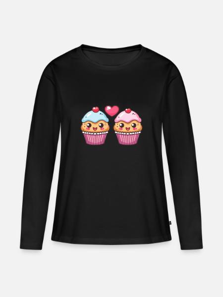 Cupcake Paar Liebe Herz Valentinstag - Frauen Premium Bio Langarmshirt - Schwarz