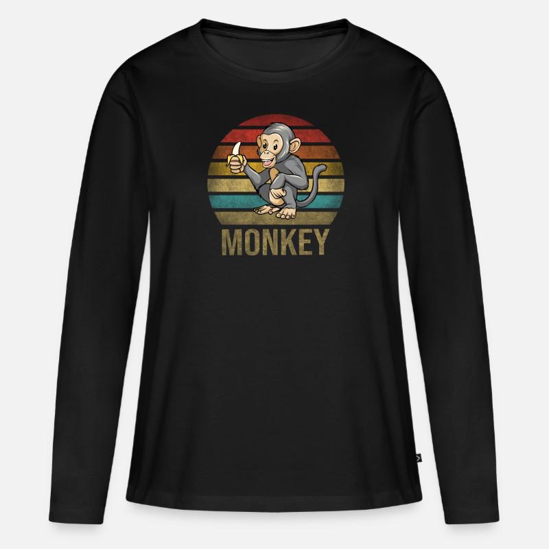 Monkey Eating Banana Dinner Retro Sunset - Frauen Premium Bio Langarmshirt - Schwarz
