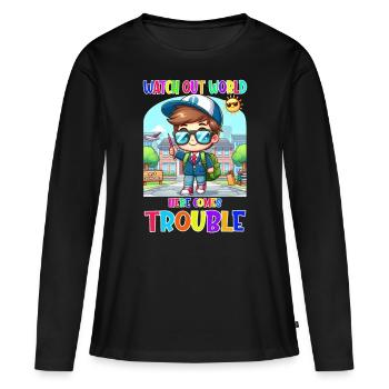 Attention monde - voici les ennuis - T-shirt manches longues Premium bio Femme - noir - Devant - Julia (174cm)