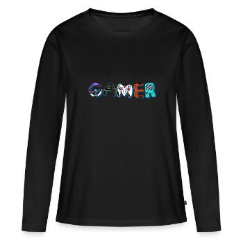Gamer Word avec des pièces de jeux vidéo - T-shirt manches longues Premium bio Femme - noir - Devant - Julia (174cm)